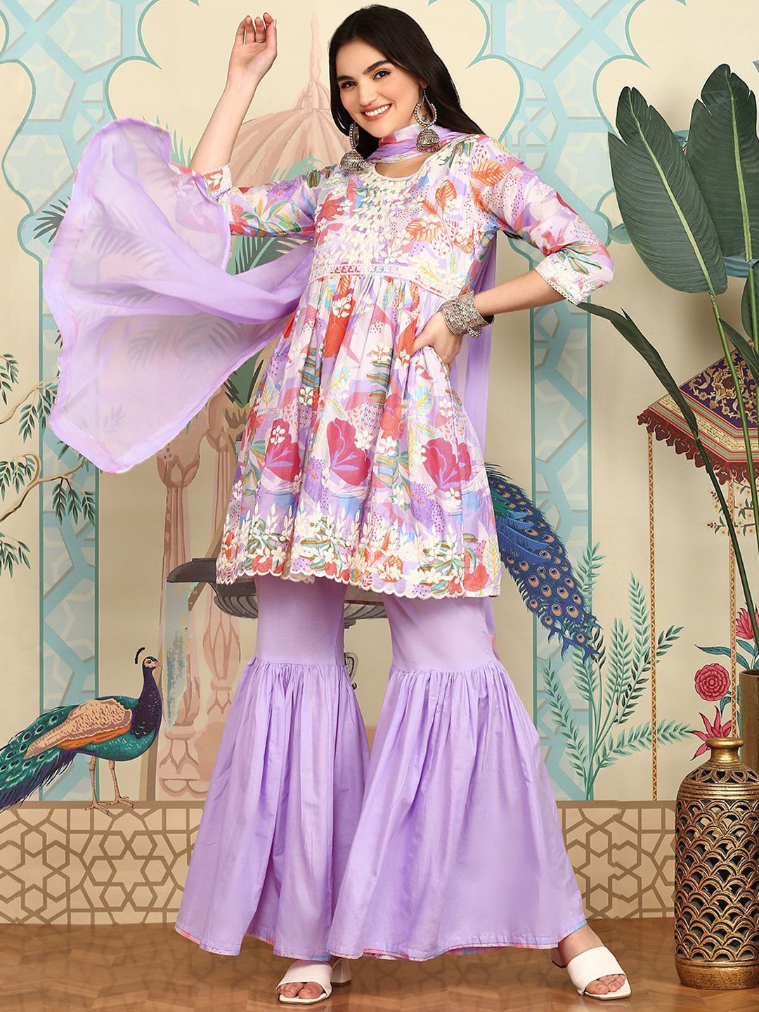 

Ishin Floral Printed Thread Work Pure Cotton Anarkali Kurti With Trousers & Dupatta, Lavender