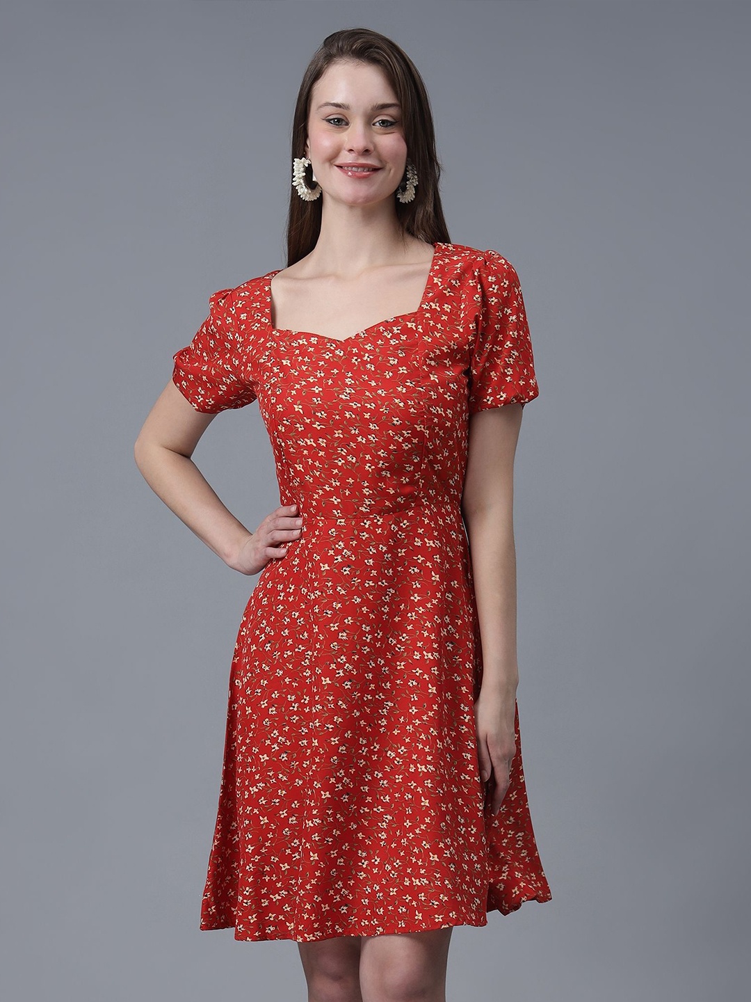 

ELYRAA Floral Printed Cotton Puff Sleeve Fit and Flare Mini Dress, Red