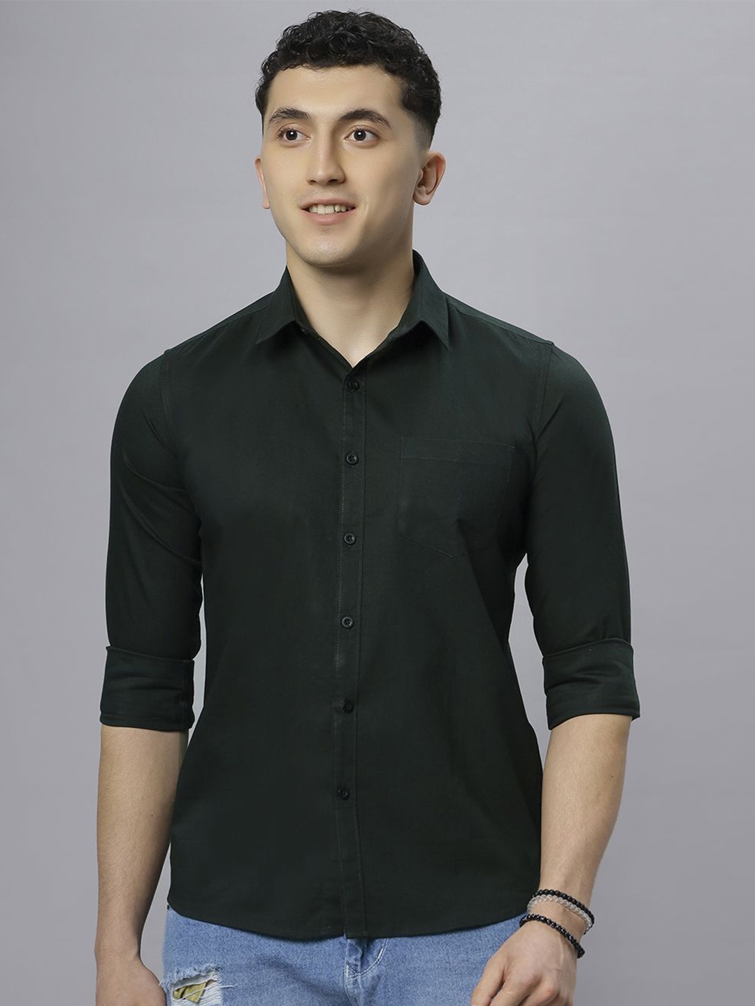

Hence Men Spread Collar Solid Cotton Slim Fit Casual Shirt, Green