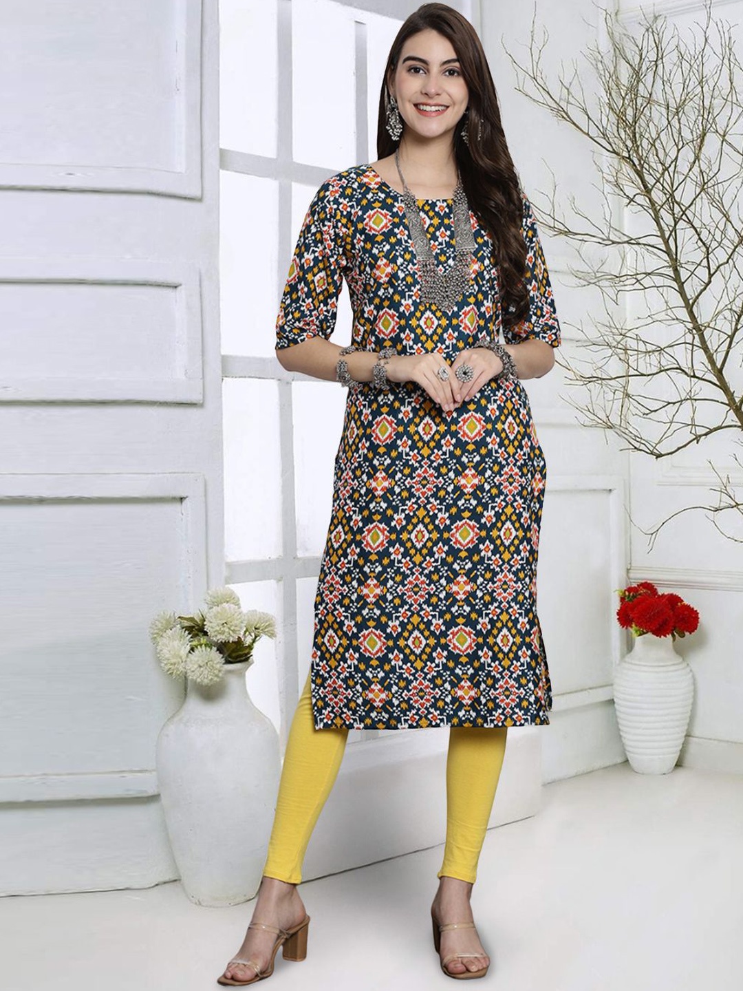 

7Threads Geometric Printed Round Neck Three-Quarter Sleeves Straight Kurta, Blue