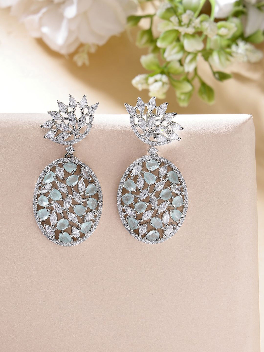 

ZENEME Rhodium-Plated American Diamond Studded Floral Drop Earrings, Sea green