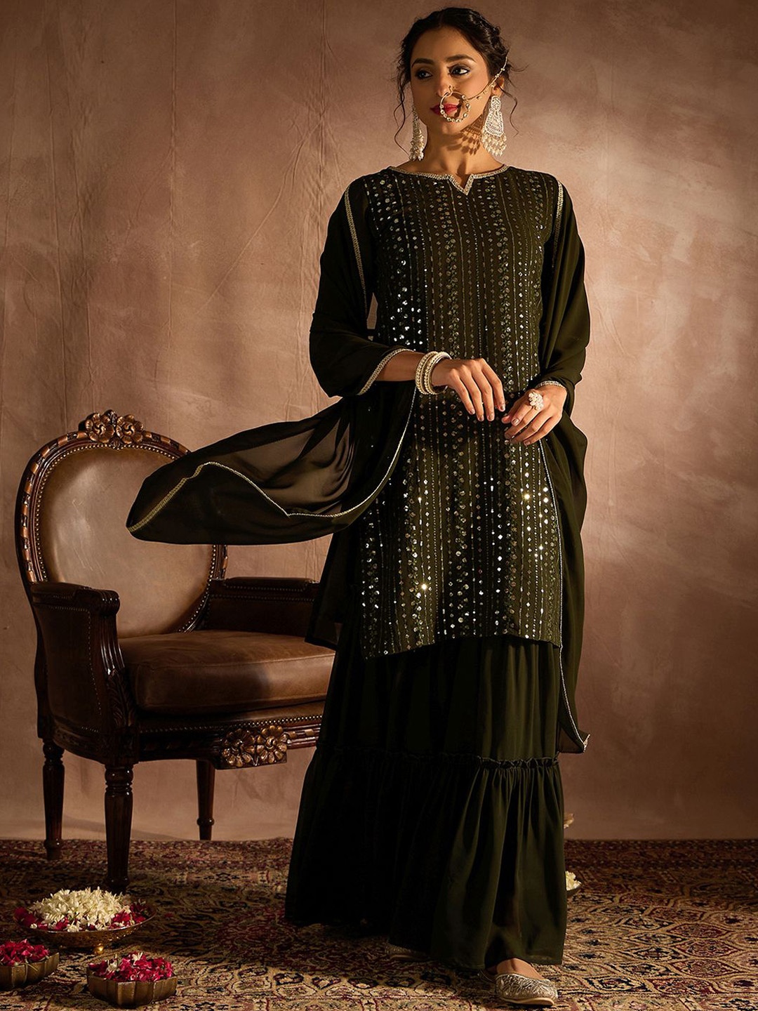 

Indo Era Ethnic Motifs Embroidered Sequinned Straight Kurta With Sharara & Dupatta, Green