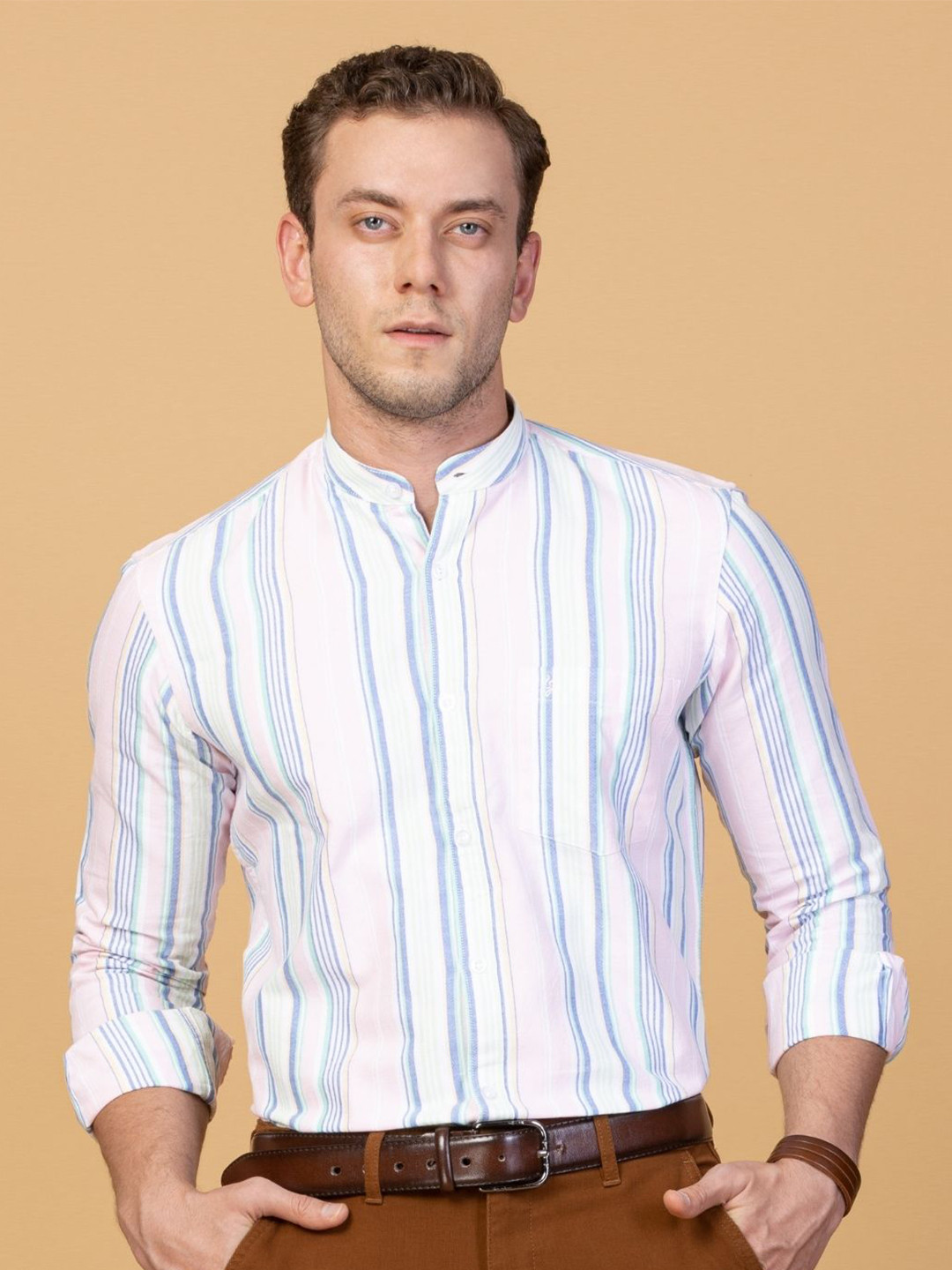 

Monterrey SF Men Smart Band Collar Striped Cotton Slim Fit Casual Shirt, Pink