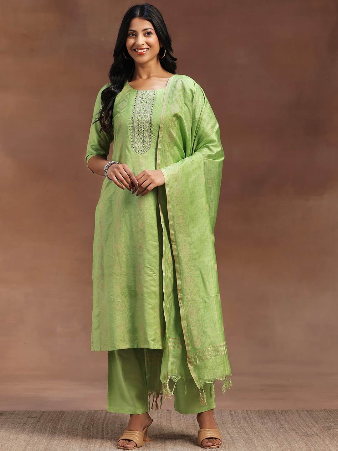 

Libas Ethnic Motifs Yoke Design Chanderi Silk Kurta with Trousers & Dupatta, Green