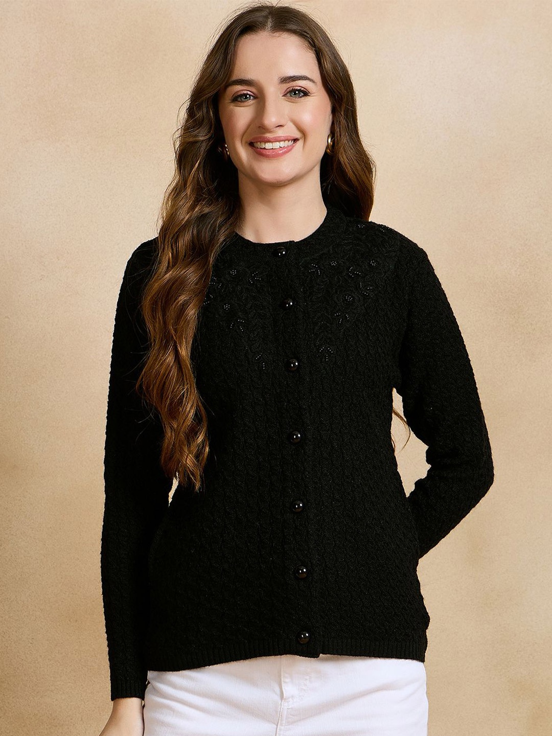 

CLAPTON Women Cable Knit Woollen Cardigan, Black