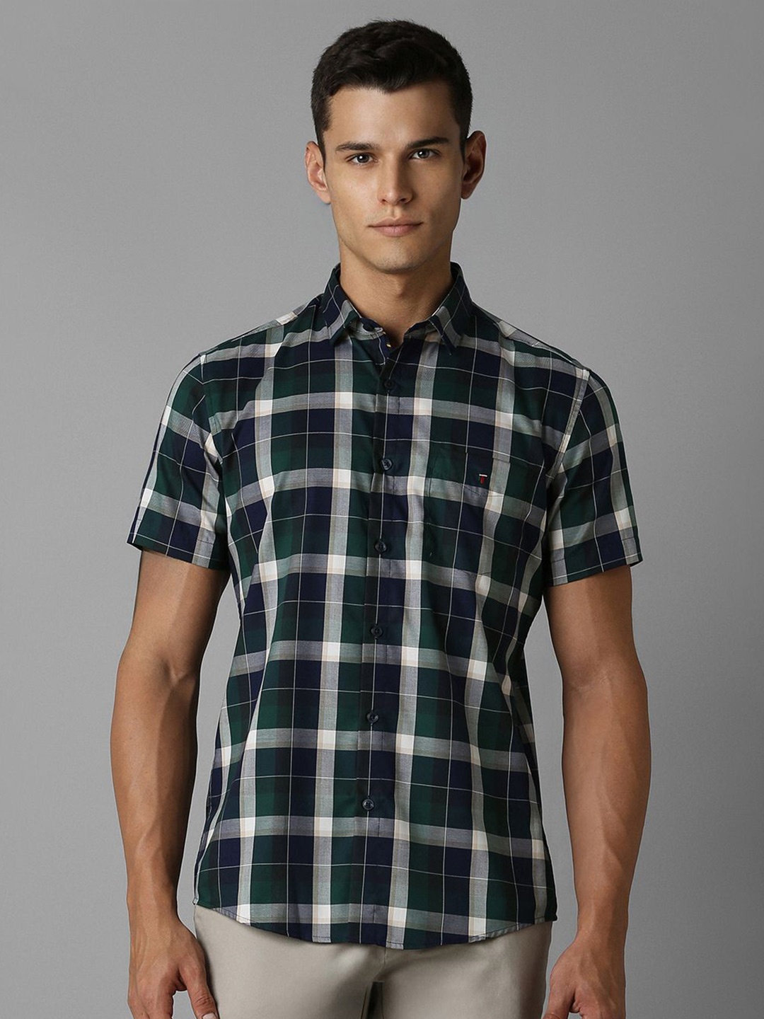 

Louis Philippe Sport Men Spread Collar Tartan Checked Cotton Slim Fit Casual Shirt, Green