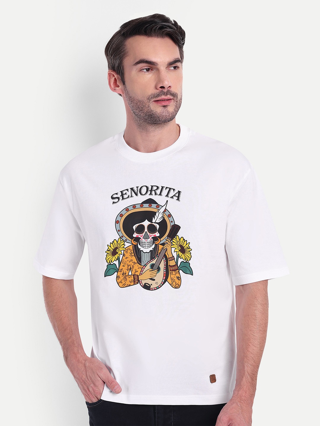 

BOLLYWOO.OOO Unisex Bio Finish Graphic Printed Round Neck Cotton Oversized T-Shirt, White