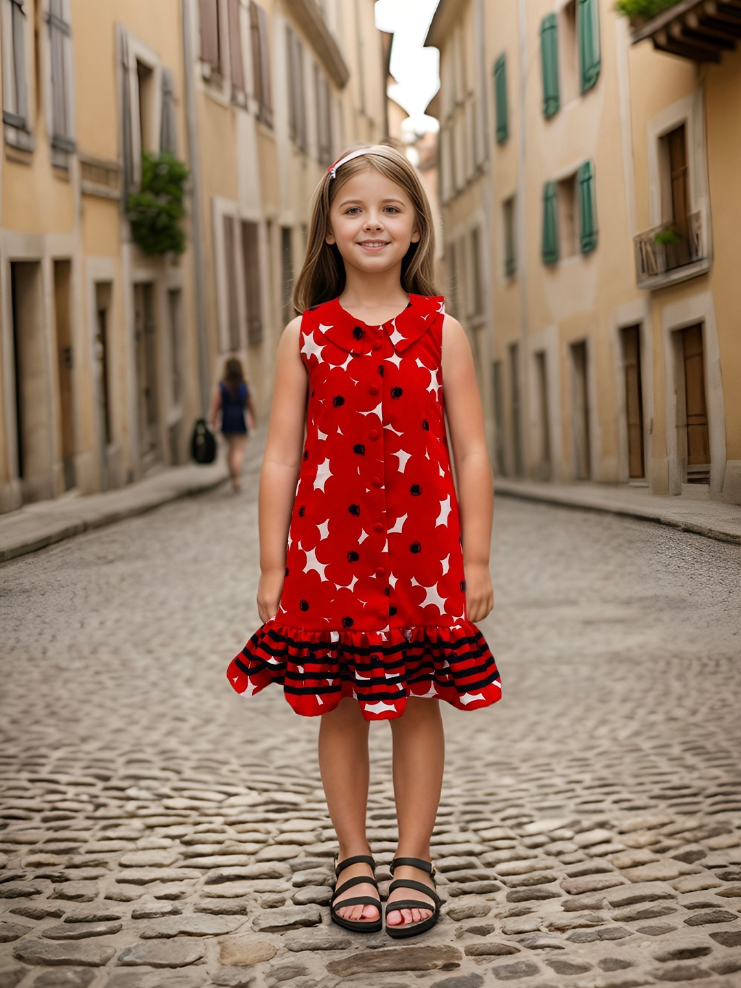 

Safehugs Girls Floral Print Peter Pan Collar Ruffled A-Line Dress, Red