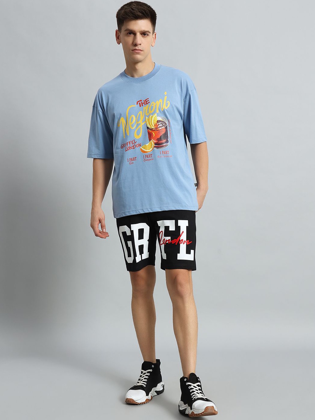 

GRIFFEL Printed Pure Cotton T-Shirt with Shorts Co-Ords, Blue