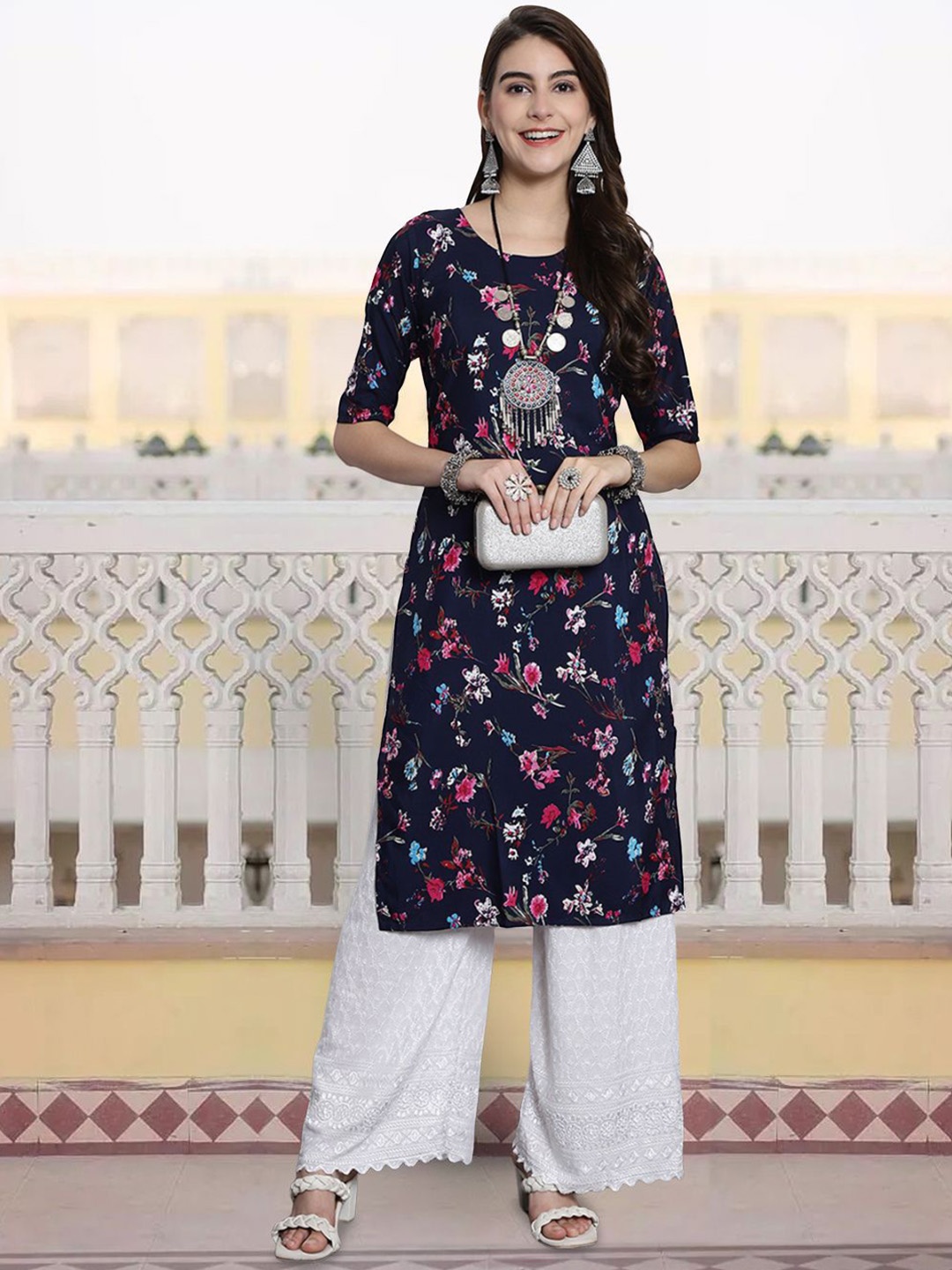

7Threads Floral Printed Round Neck Straight Kurta, Navy blue