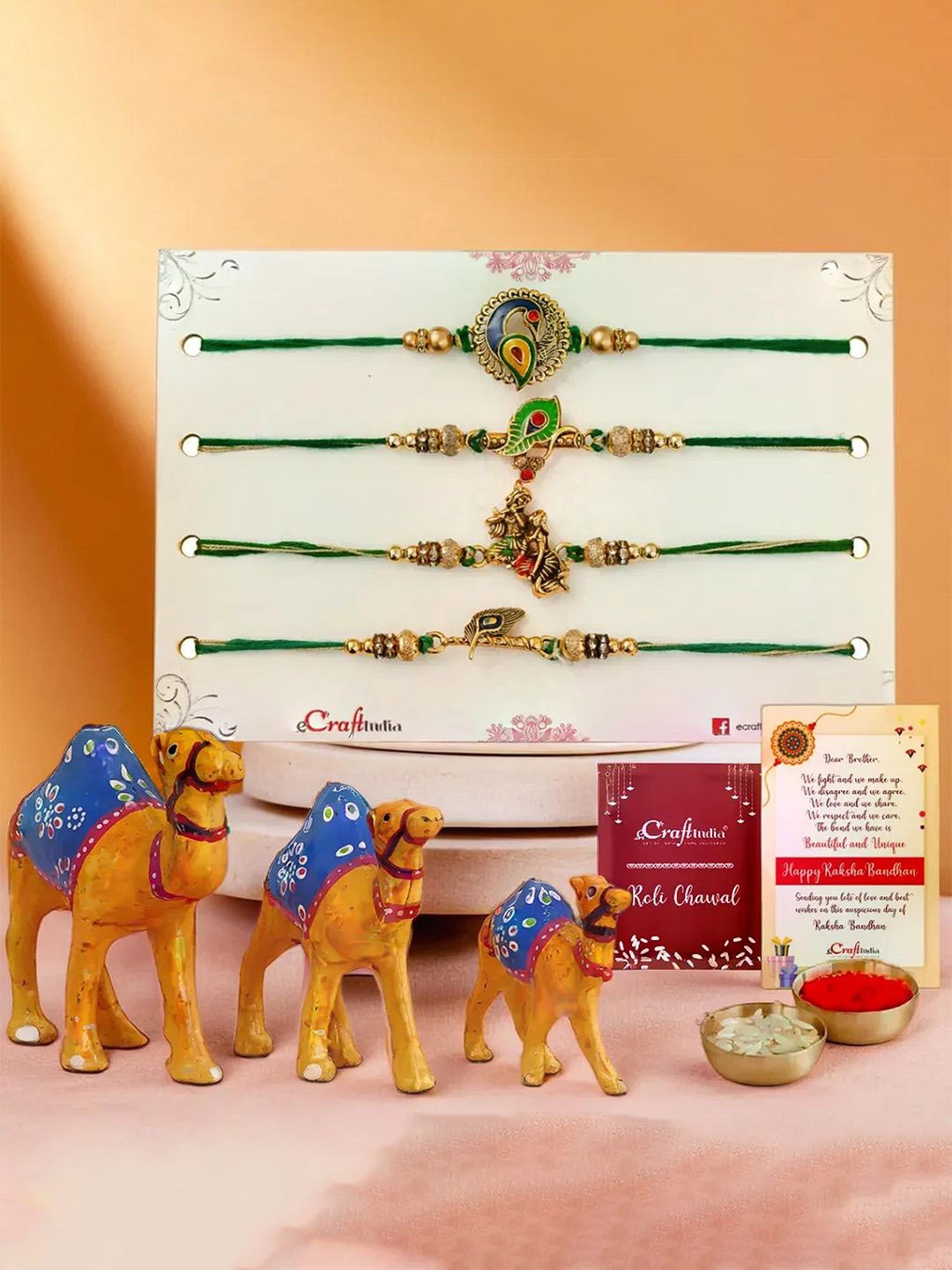 

eCraftIndia Set Of 7 Beaded Rakhis With Camel Statues Greeting Card & Roli Chawal, Green