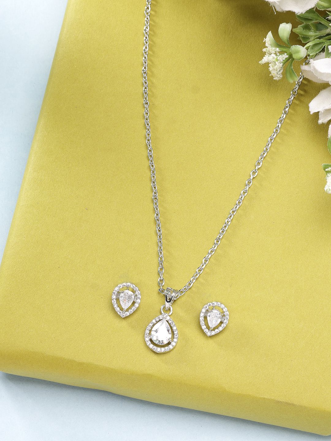 

ZENEME Rhodium-Plated American Diamond Studded Tear Drop Shaped Necklace and Earrings, Silver