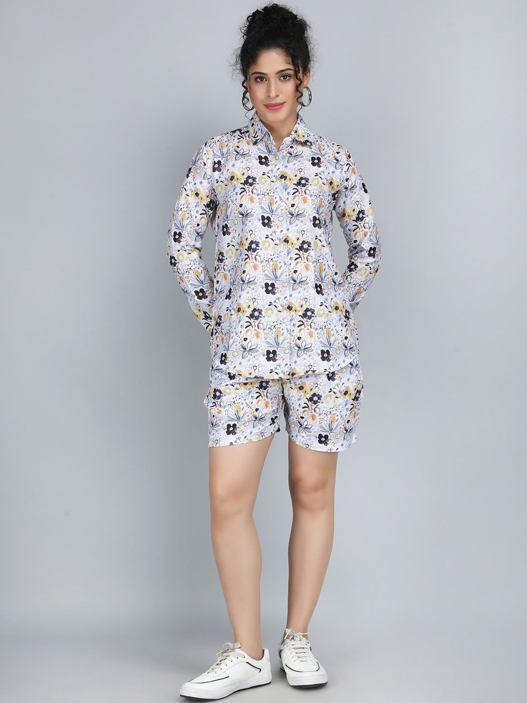 

VOGUE LIBERTY Slim Fit Floral Printed Shirt With Short Co-Ords, White