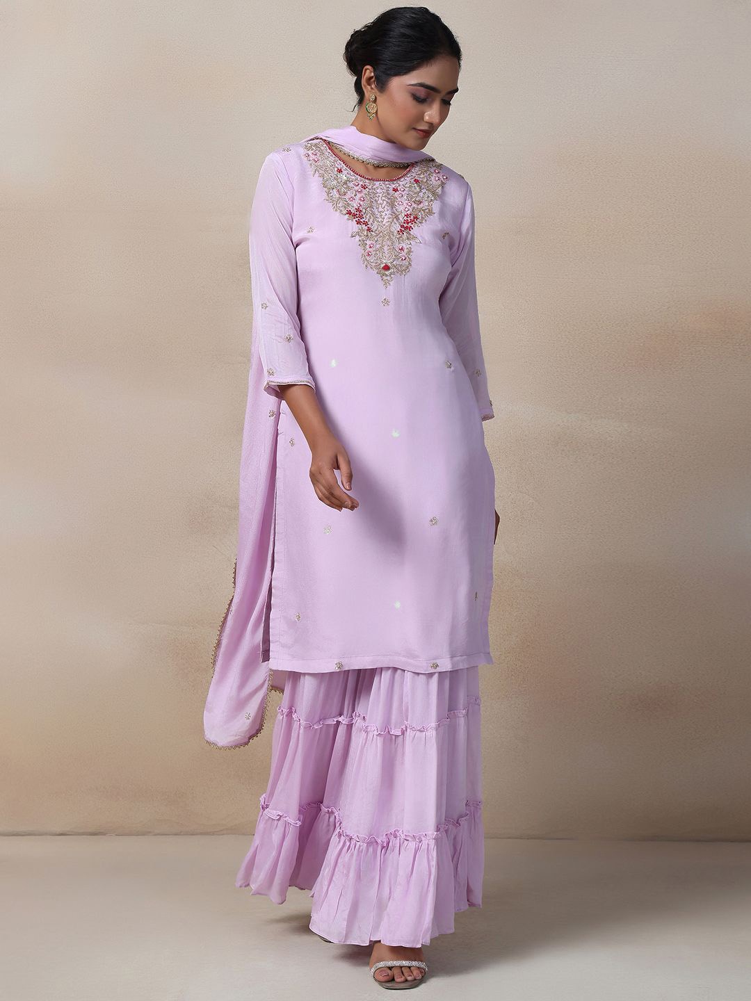 

Rang by Indya Floral Yoke Design Straight Kurta with Trousers & Dupatta, Purple