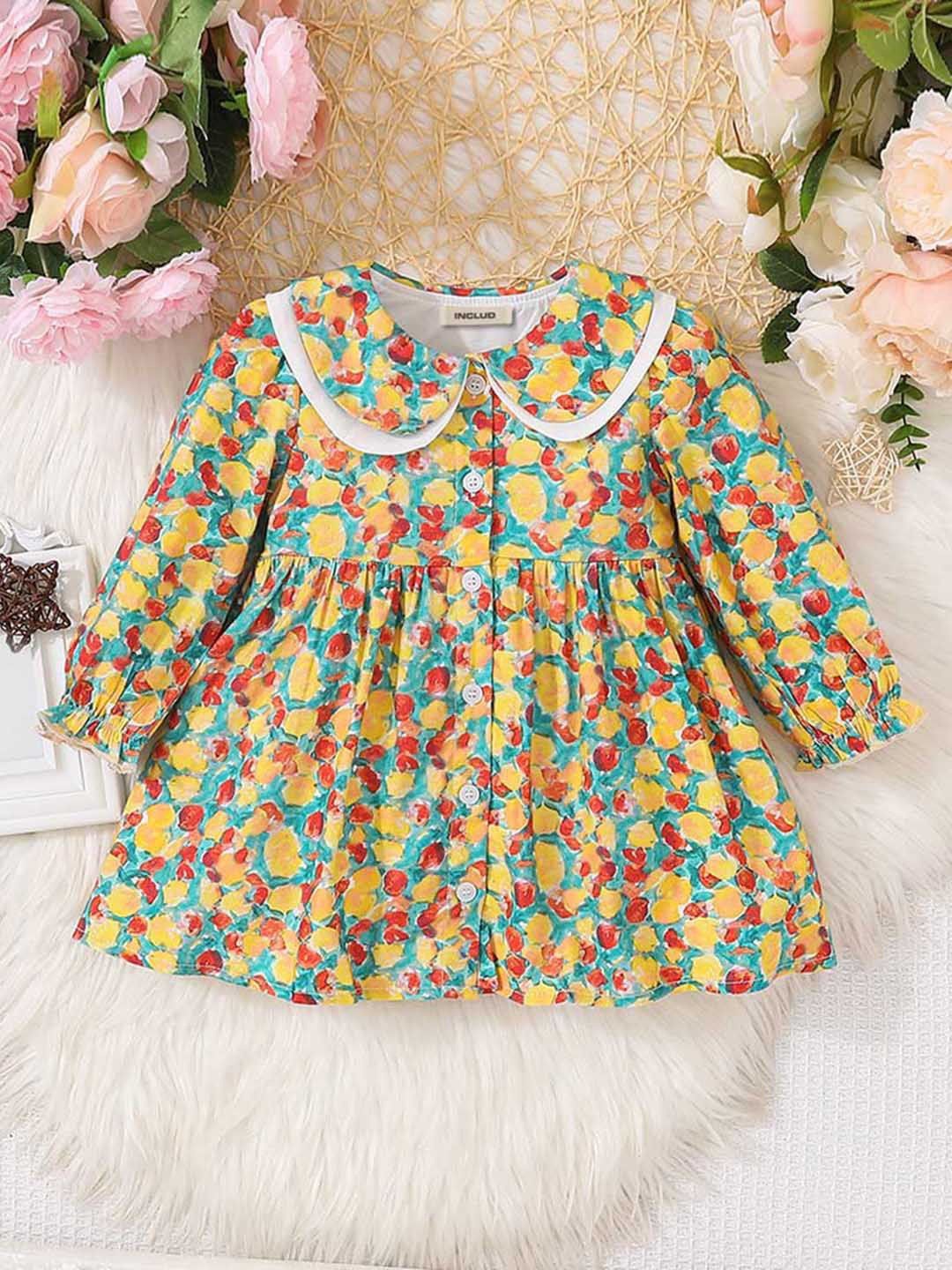 

INCLUD Girls Floral Print Peter Pan Collar Puff Sleeve Fit & Flare Dress, Yellow