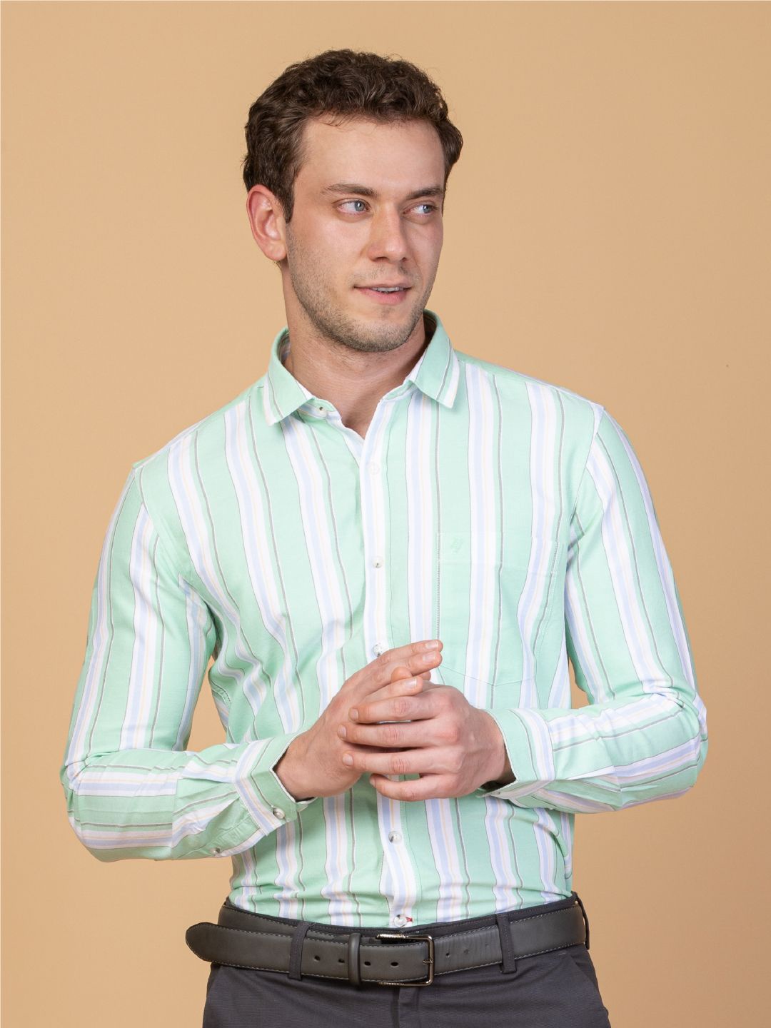 

Monterrey SF Men Smart Spread Collar Striped Cotton Slim Fit Casual Shirt, Green