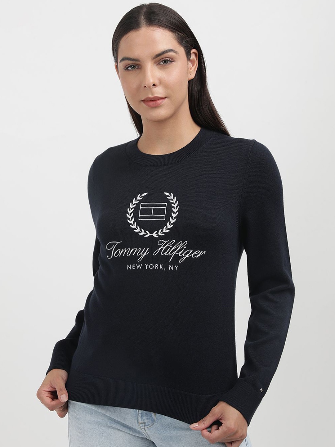 

Tommy Hilfiger Women Embroidered Typography Printed Round Neck Sweatshirt, Black