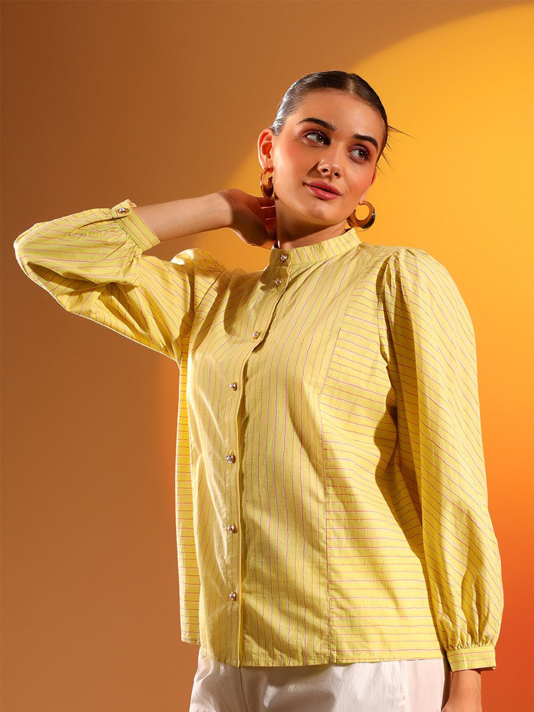 

Saint G Women Striped Band Collar Cotton Top, Yellow