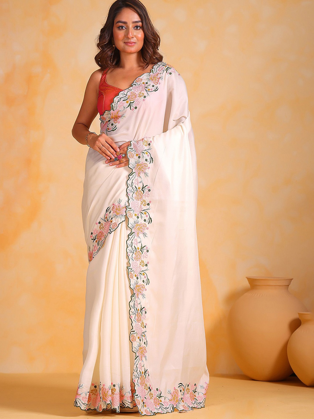 

elora Solid Floral Embroidered Saree, White
