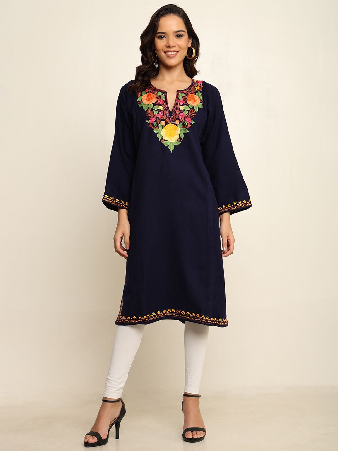 

CRAFTBAZAR Navy Blue Floral Round Neck Flared Sleeves Thread Work Embroidered Kurta