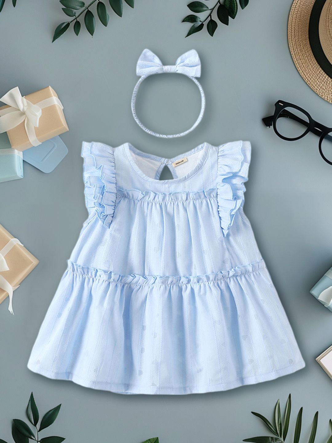 

INCLUD Girls Round Neck Empire Dress With Frills and Headband, Blue
