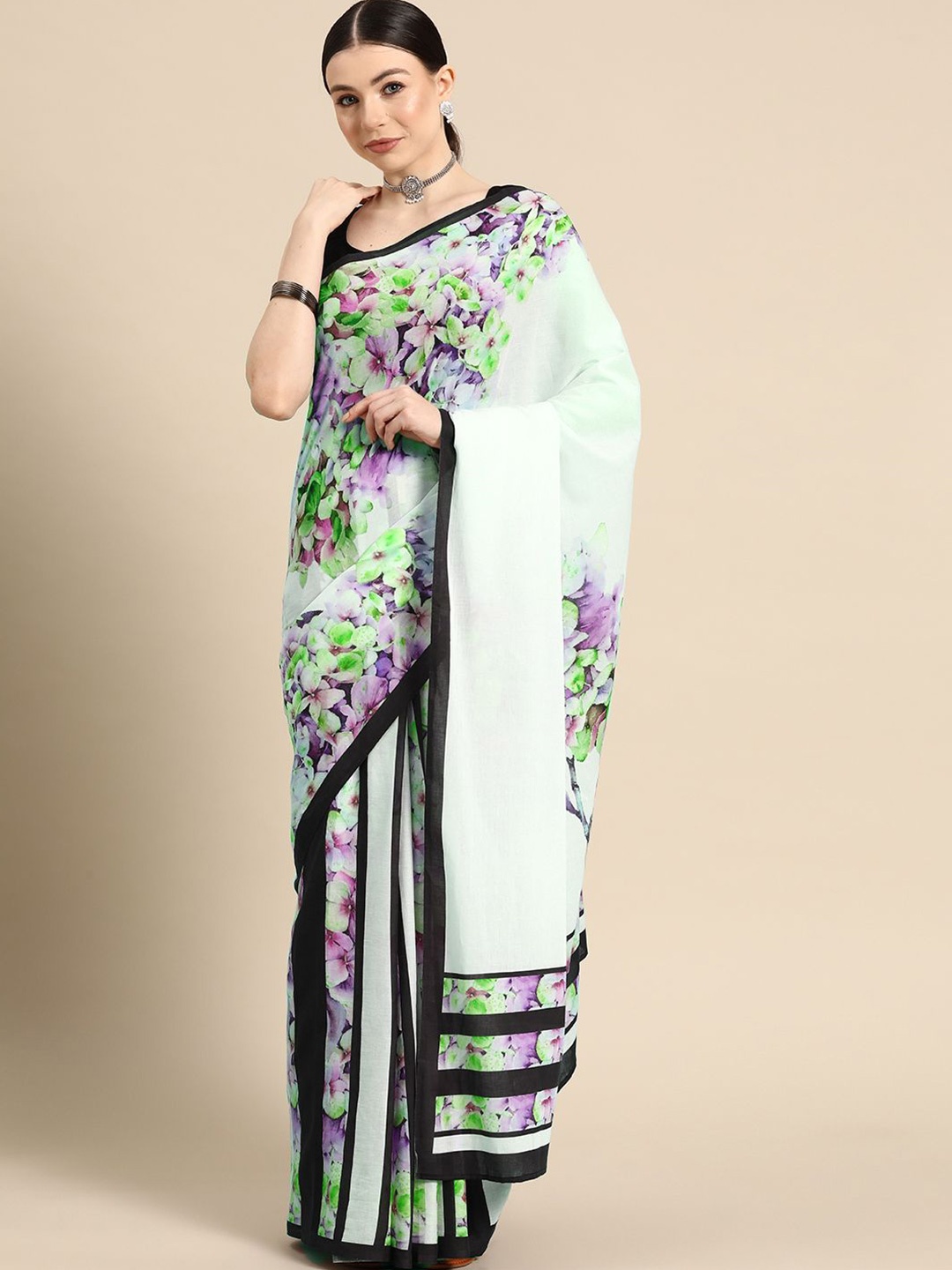 

BUTA BUTI Floral Printed Pure Cotton Saree, Green