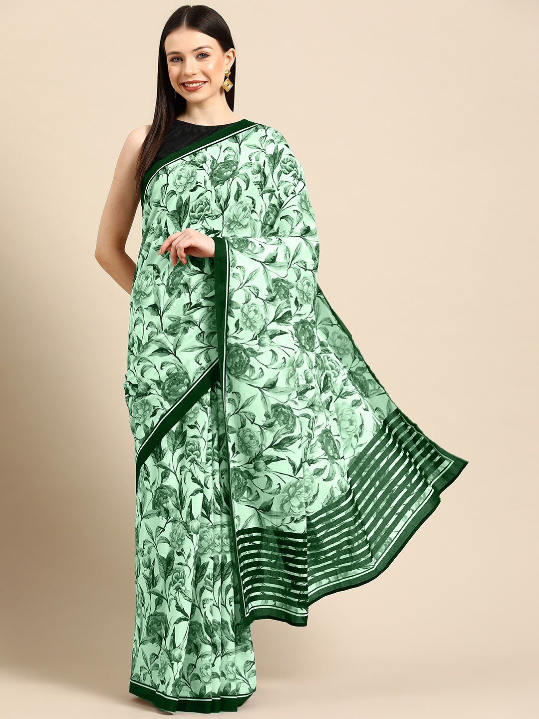 

BUTA BUTI Floral Pure Cotton Saree, Green