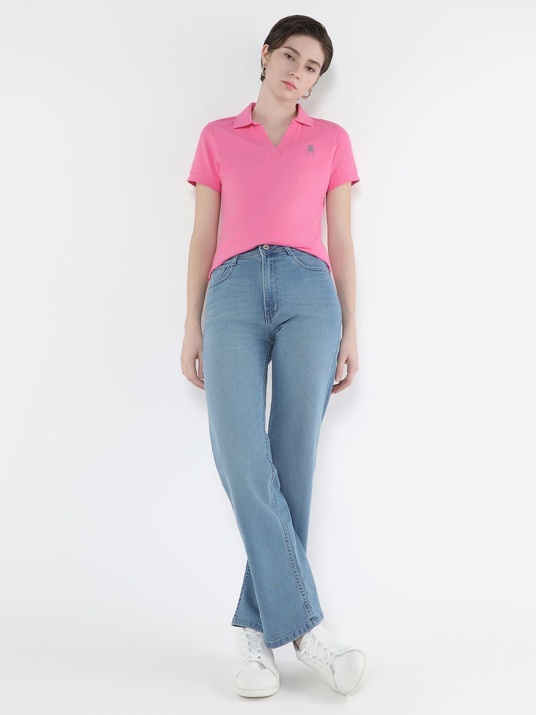 

RAREISM Women Solid Polo Collar Cotton T-Shirt, Pink