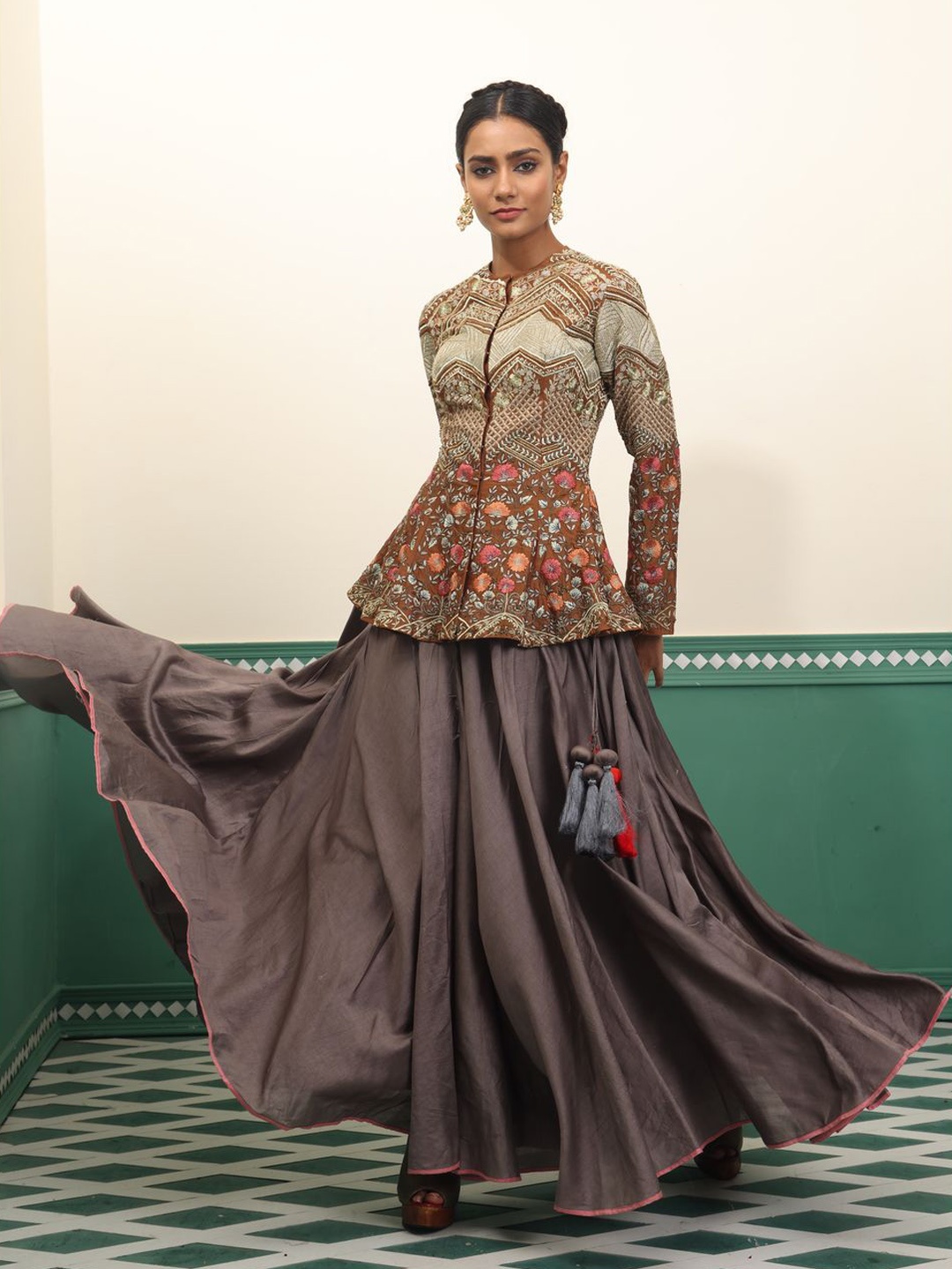 

SAMANT CHAUHAN Embroidered Chanderi Silk Peplum Top With Skirt, Grey