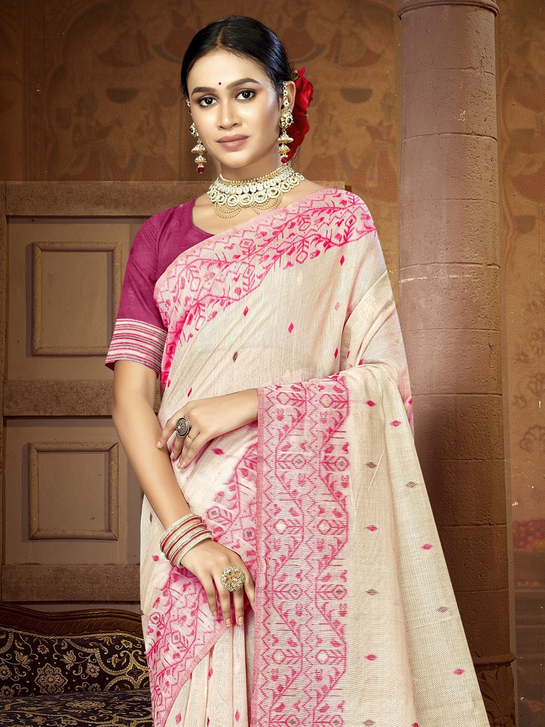 

Exclusiva Women Woven Design Saree With Zari Border, Cream