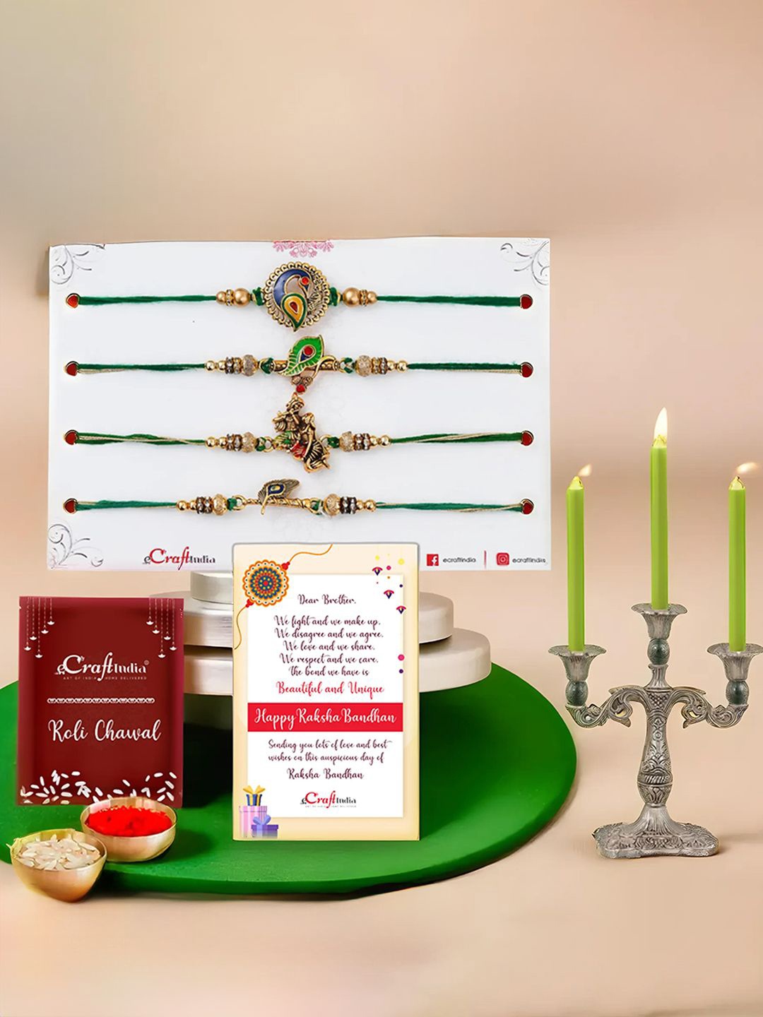 

eCraftIndia Set Of 5 Rakhi Candle holder Greeting Card & Roli Chawal, Green