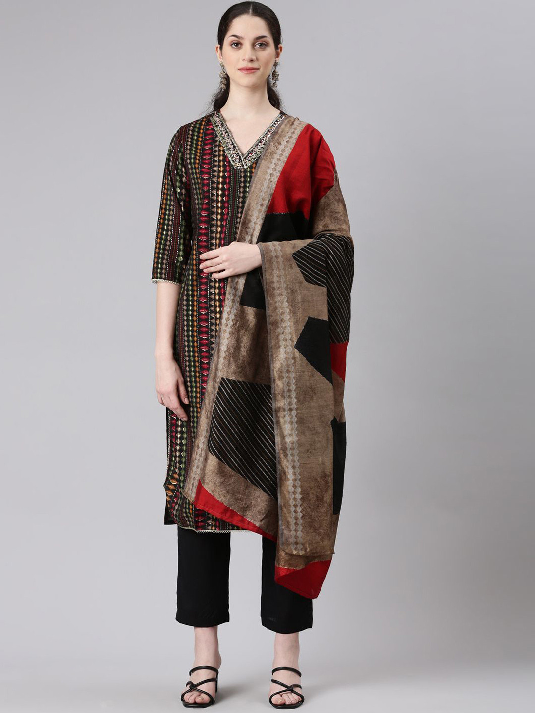 

Neerus Striped Sequinned Straight Kurta & Trousers With Dupatta, Black