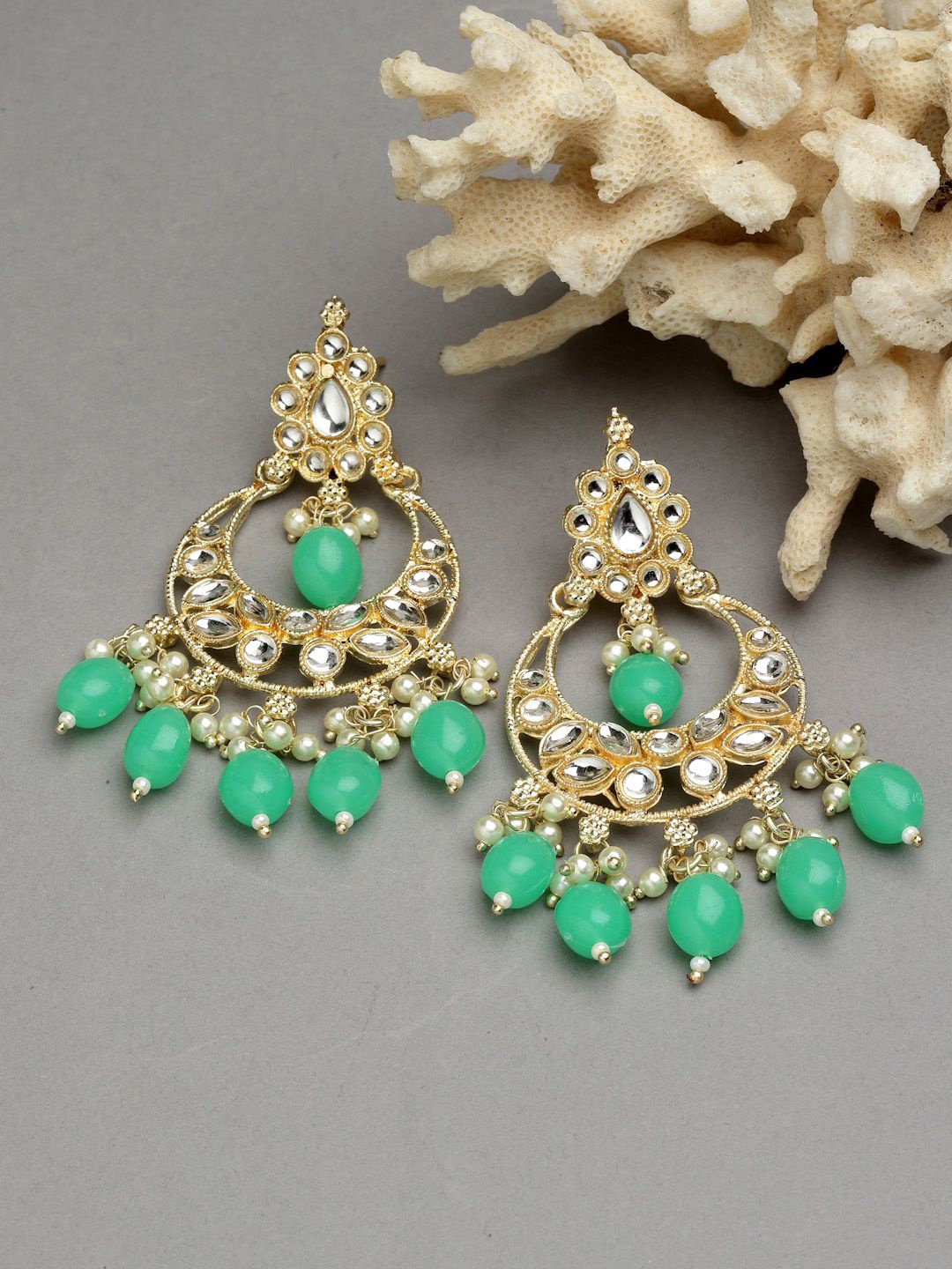 

ZENEME Gold Plated Kundan Studded Chandbalis, Sea green