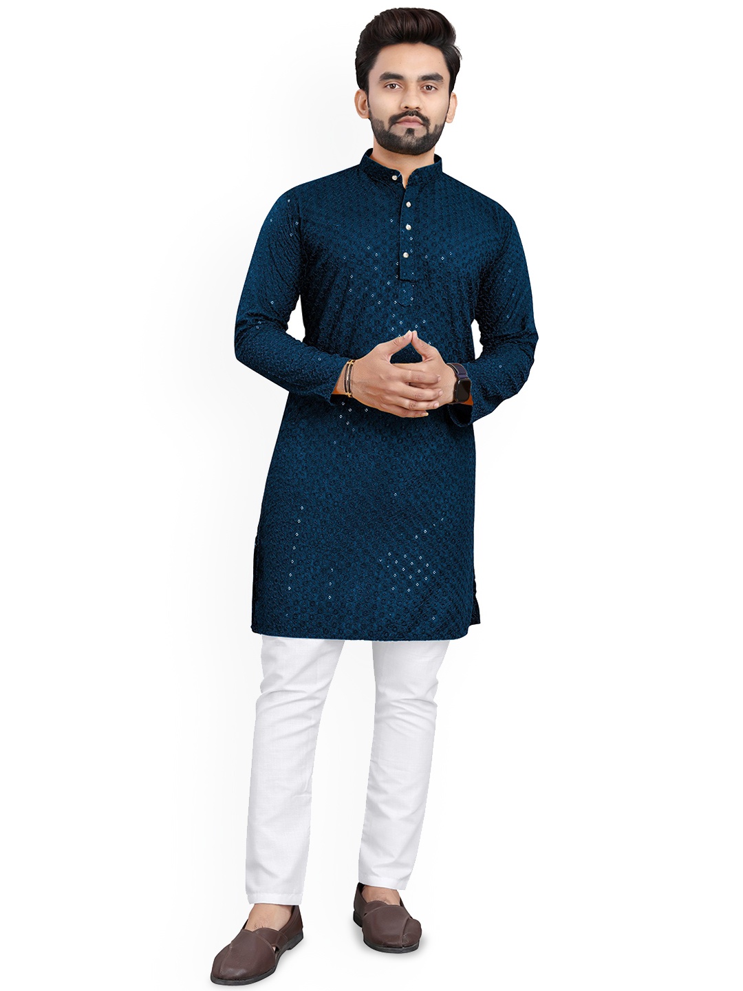 

trustous Floral Embroidered Sequinned Mandarin Collar Straight Kurta with Pyjamas, Turquoise blue