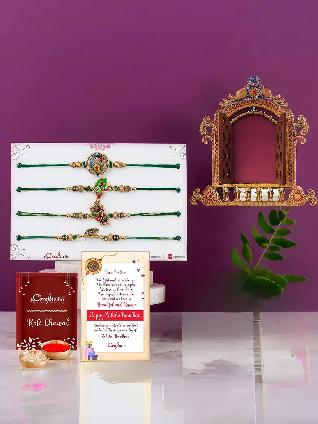 

eCraftIndia Set Of 5 Rakhi Wall Hanging Showpiece Greeting Card & Roli Chawal, Gold