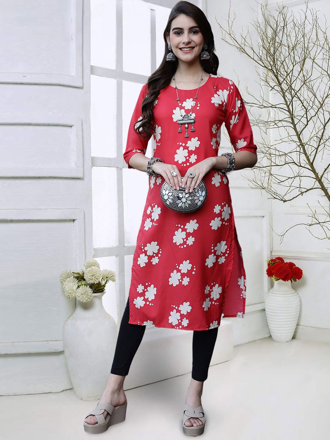 

7Threads Floral Printed Round Neck Three-Quarter Sleeves Straight Kurta, Coral