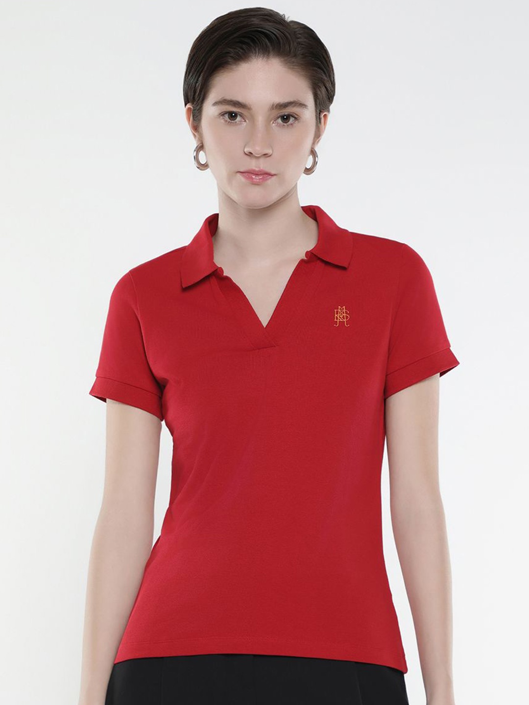 

RAREISM Women Solid Polo Collar Cotton T-Shirt, Red