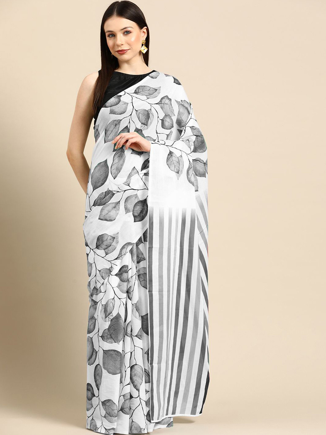 

BUTA BUTI Floral Printed Pure Cotton Saree, Grey
