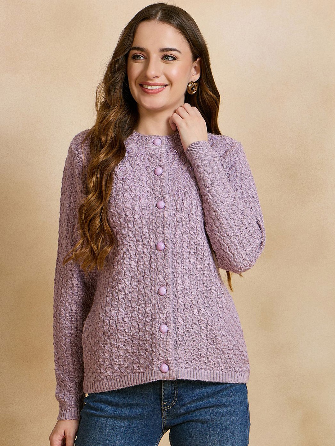 

CLAPTON Women Cable Knit Woollen Cardigan, Pink