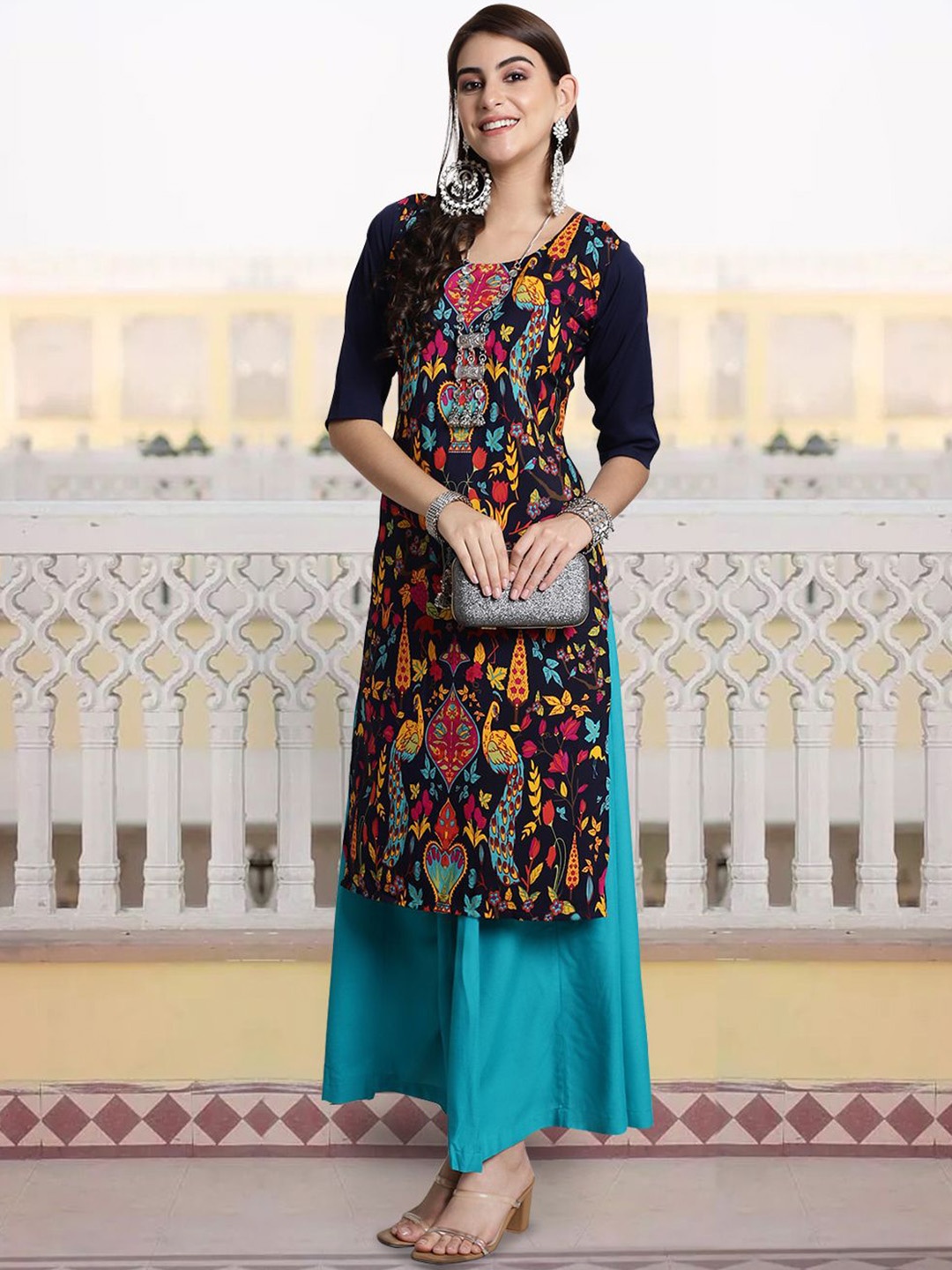

7Threads Floral Printed Round Neck Crepe Straight Kurta, Navy blue