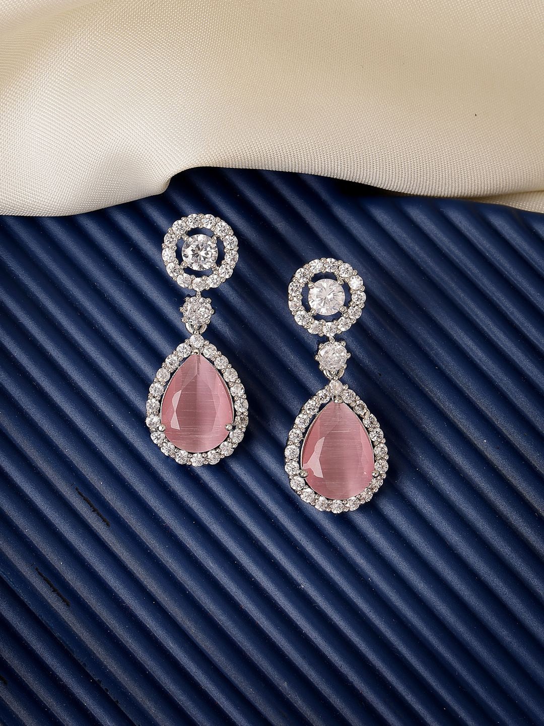 

ZENEME Rhodium Plated Geometric American Studded Drop Earrings, Pink