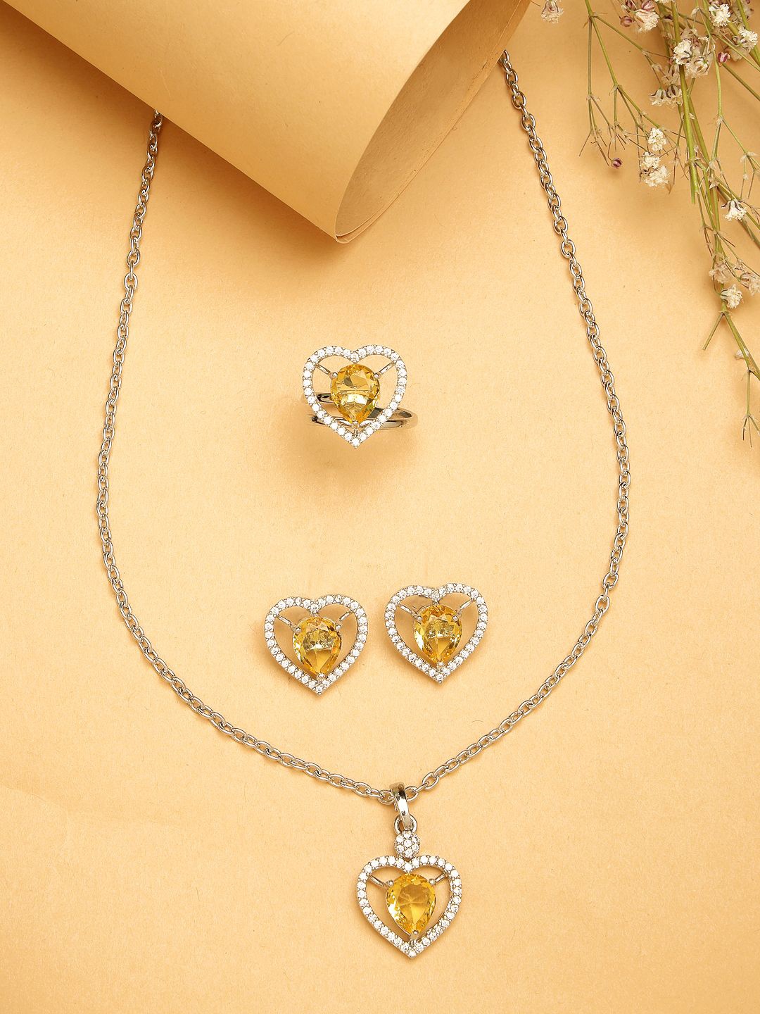 

ZENEME Silver-Plated American Diamond Studded Necklace and Earrings With Ring