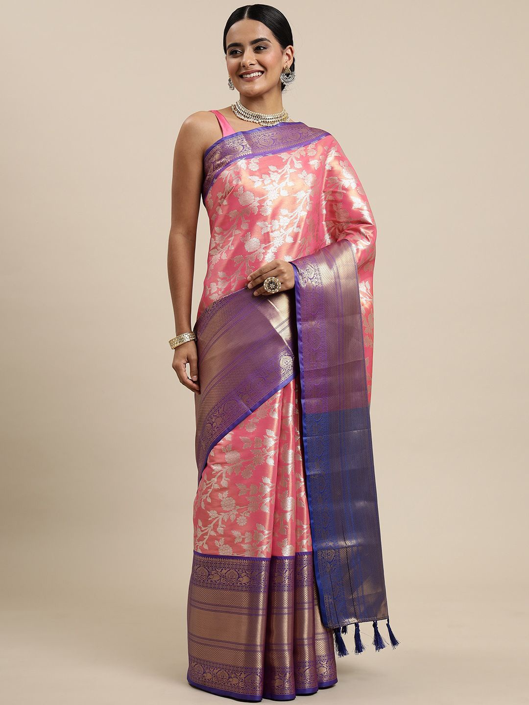 

KIMISHA Ethnic Motifs Zari Organza Kanjeevaram Saree, Pink