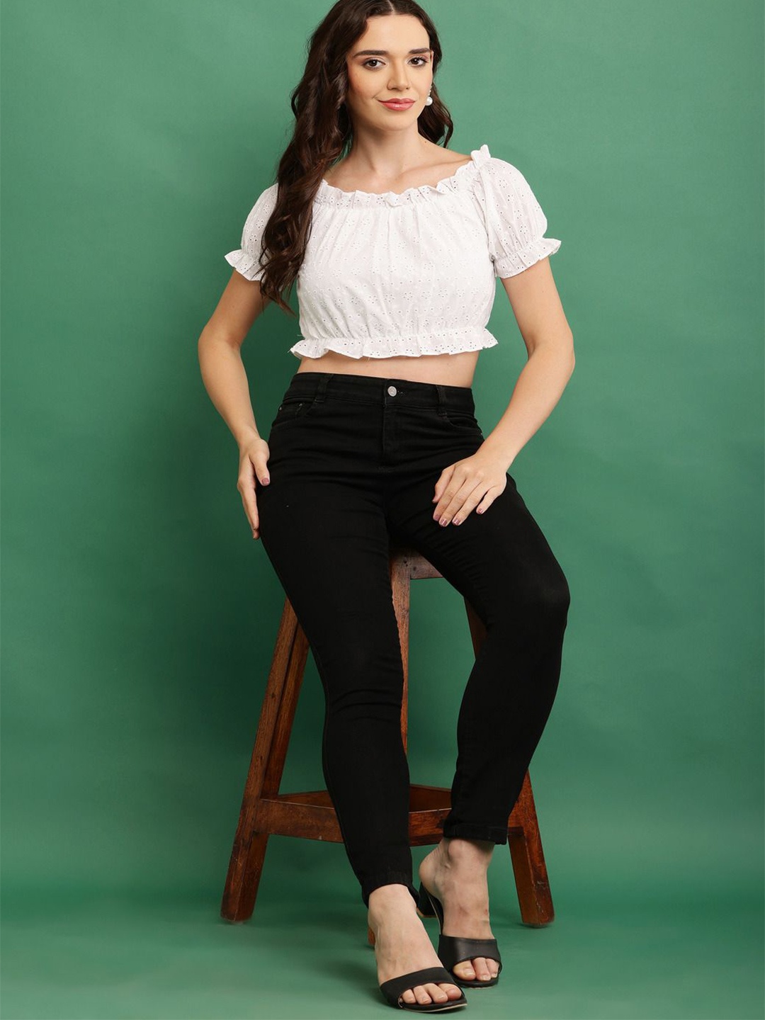 

Absorbing Women Self Design Schiffli Off-Shoulder Cotton Top, White
