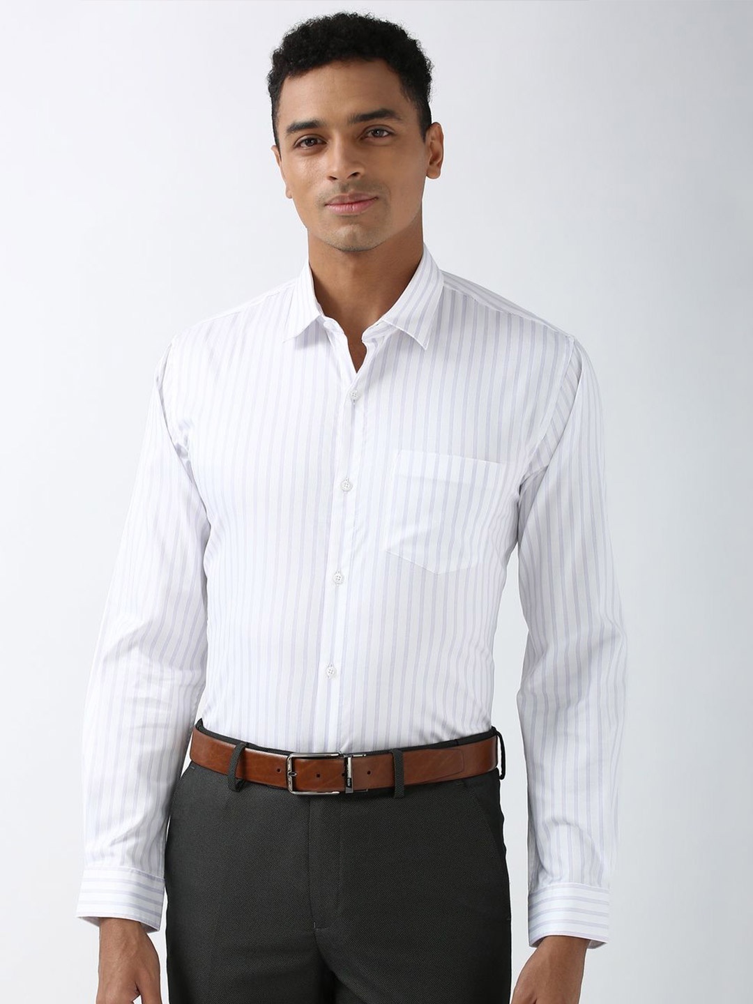 

Peter England Men Spread Collar Striped Cotton Slim Fit Formal Shirt, White