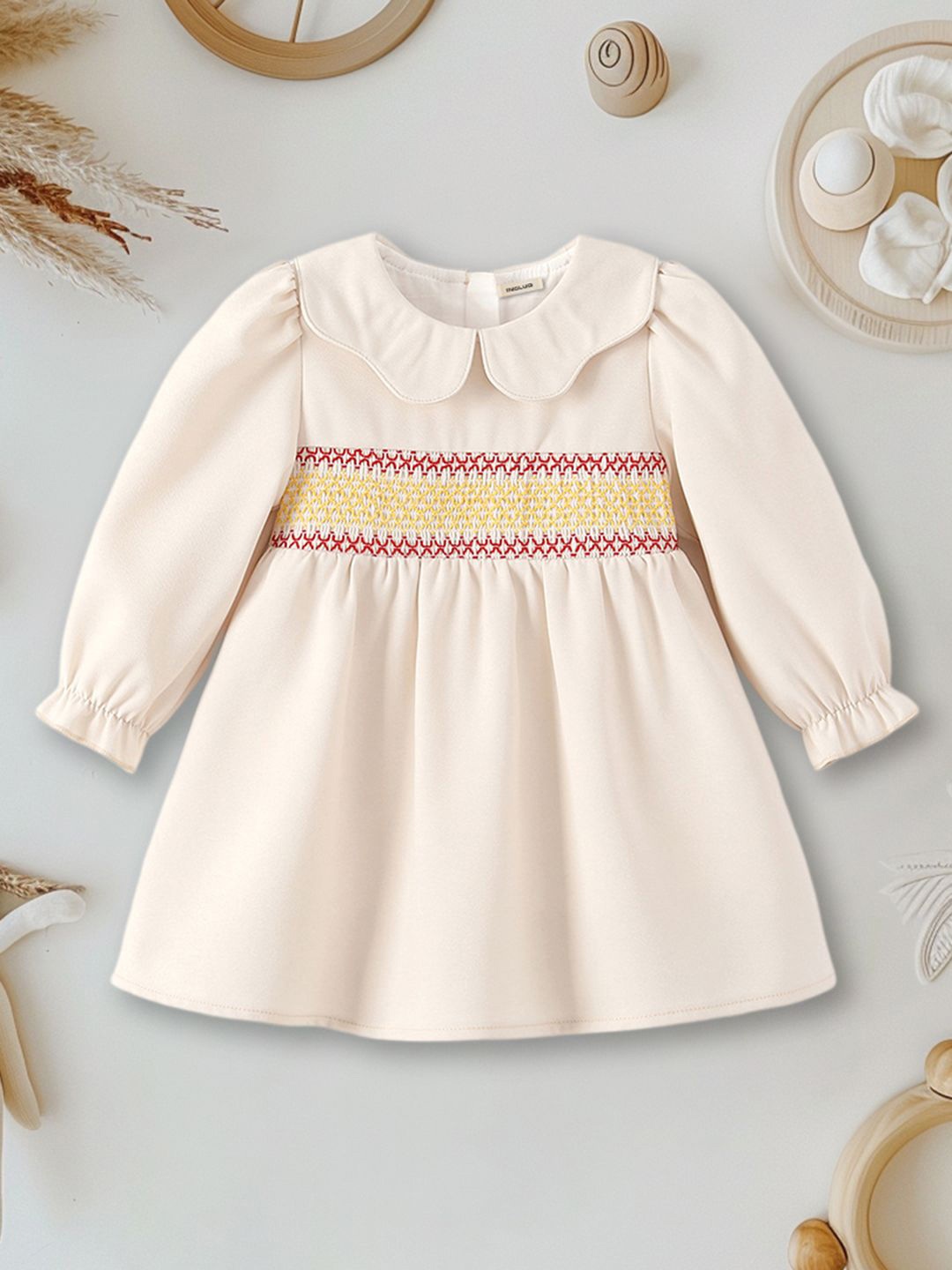 

INCLUD Girls Embroidered Peter Pan Collar Puff Sleeve A-Line Dress, Beige