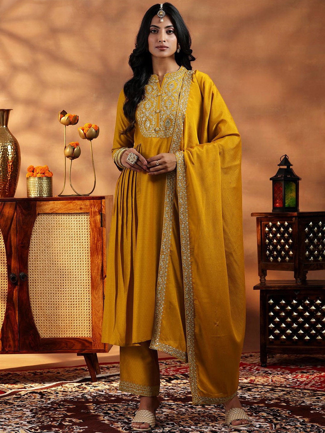 

Libas Floral Embroidered Zari Yoke Design Panelled A Line Kurta with Palazzos & Dupatta, Mustard