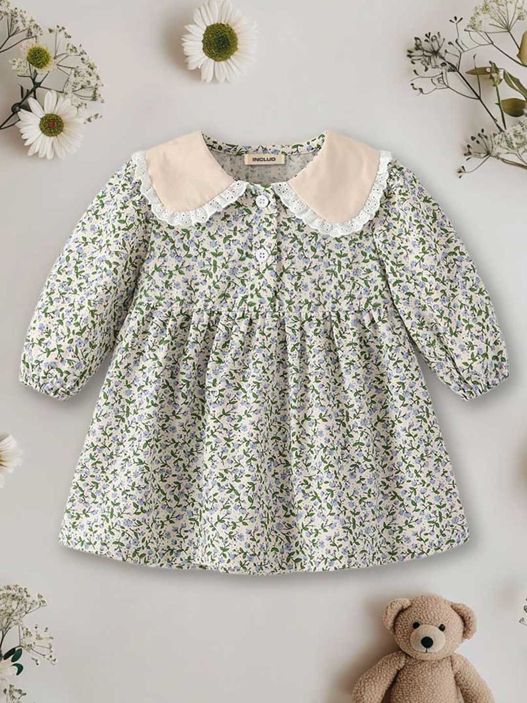 

INCLUD Girls Floral Print Peter Pan Collar Puff Sleeve A-Line Dress, Green