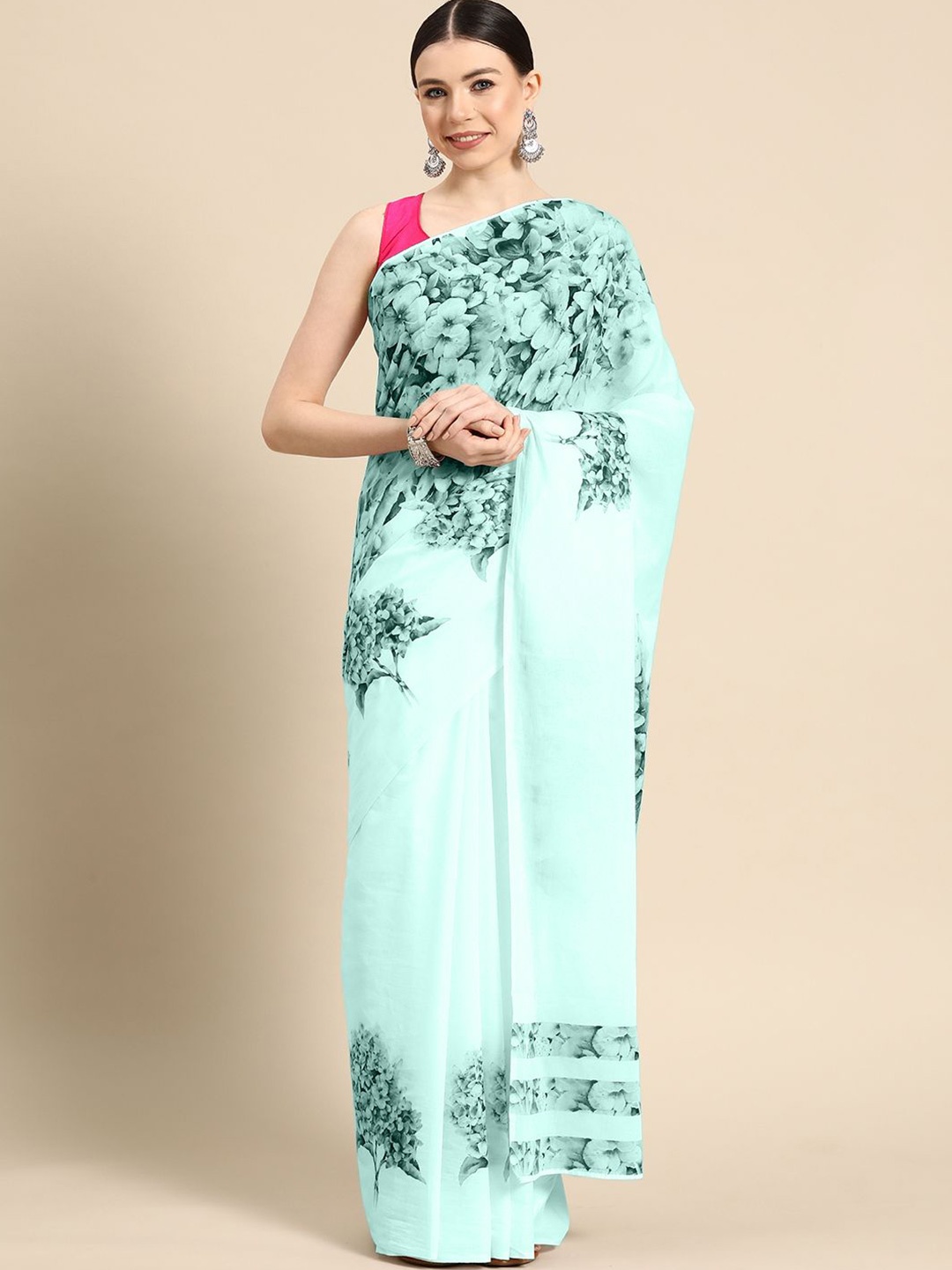 

BUTA BUTI Floral Peinted Pure Cotton Saree, Sea green