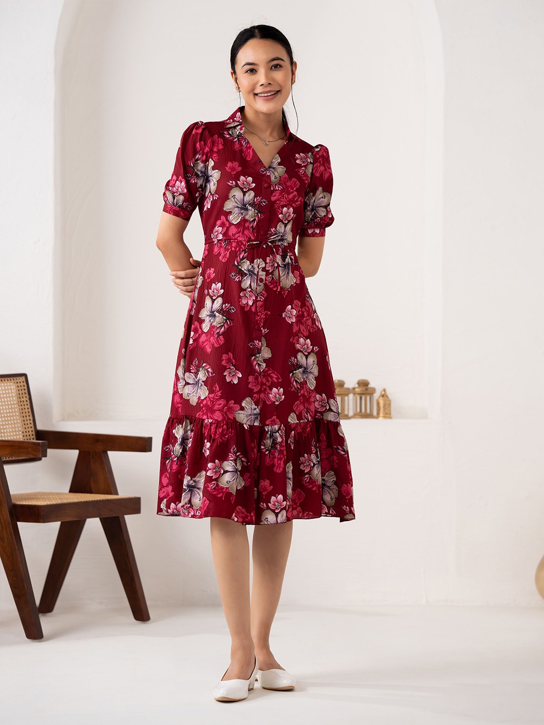 

DressBerry Women Floral Printed Fit & Flare Dress, Maroon